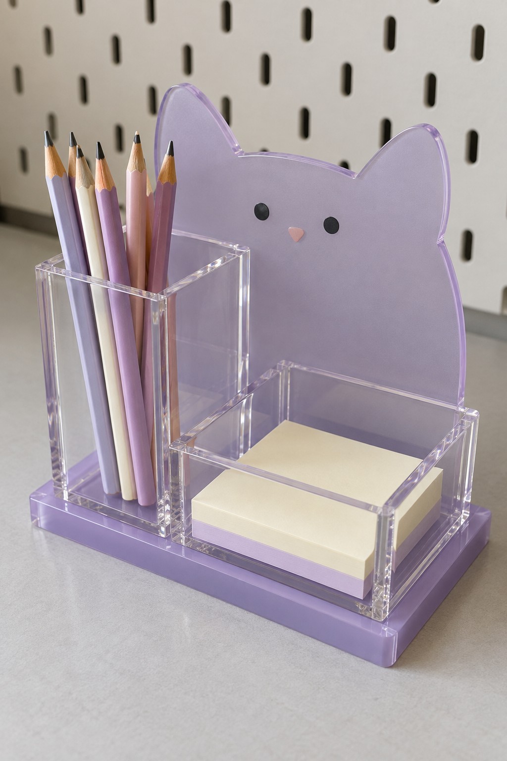 Lilac cat acrylic desk organizer with a clear pencil cup and sticky note compartment