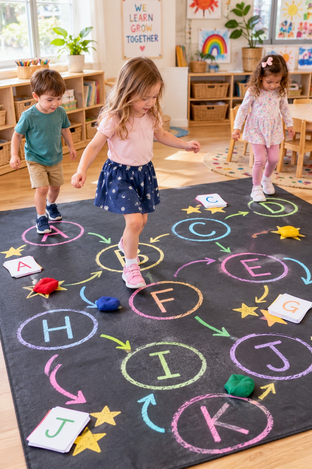 Child following letter circles linked by arrows on the floor