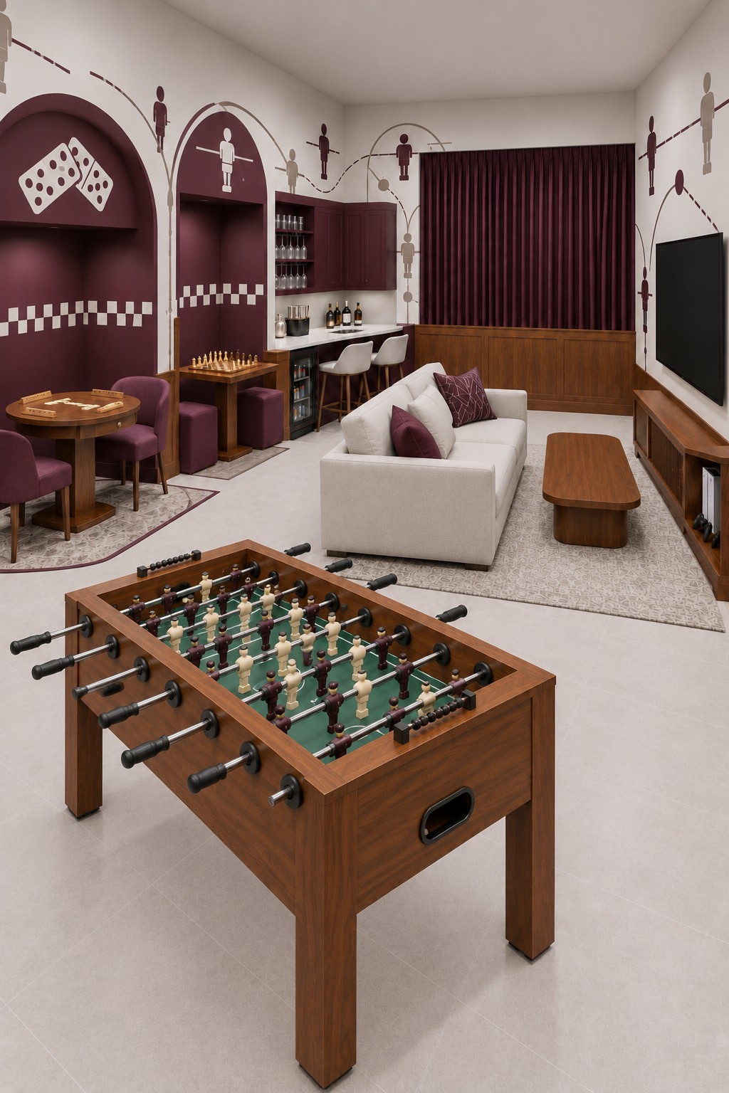 Burgundy arched game alcoves with dominoes and chess, a white sofa, and a wooden foosball table