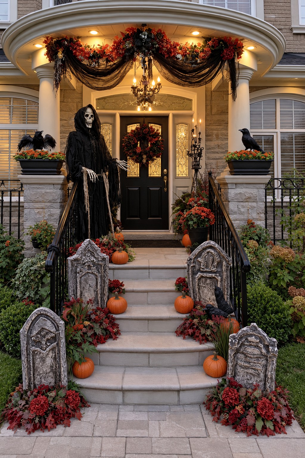 Hooded skeleton beside a porch entrance with four grave markers and autumn foliage