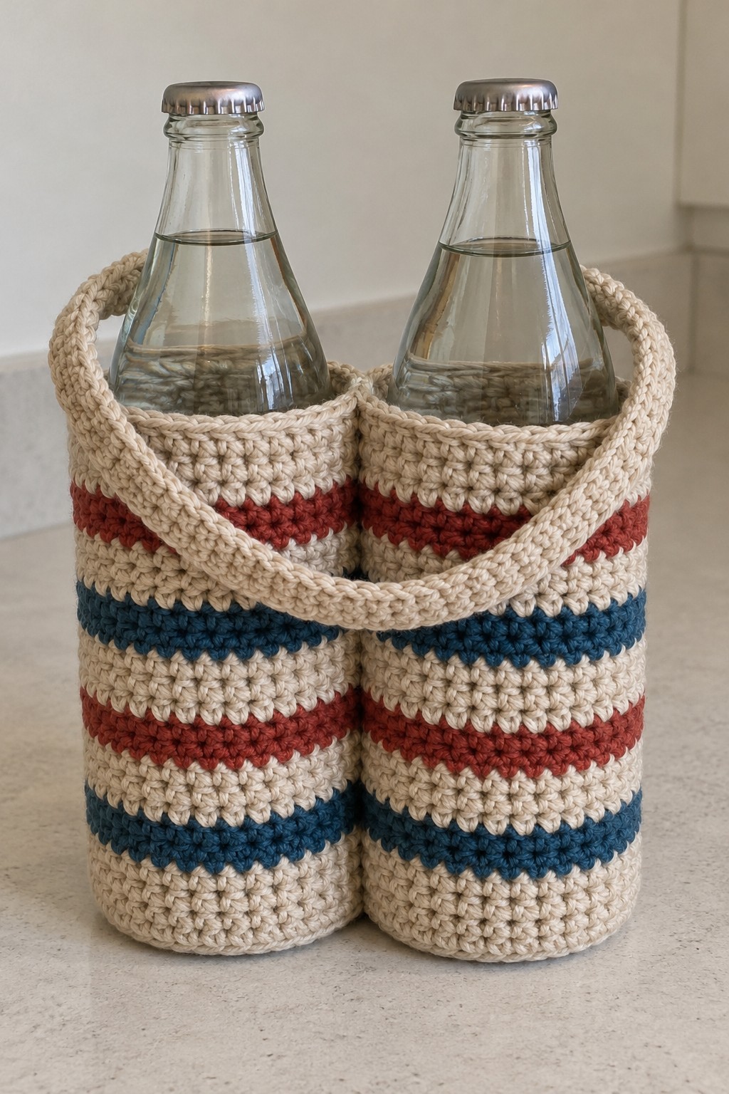 Two cream crochet bottle sleeves with rust and blue stripes and a shared handle