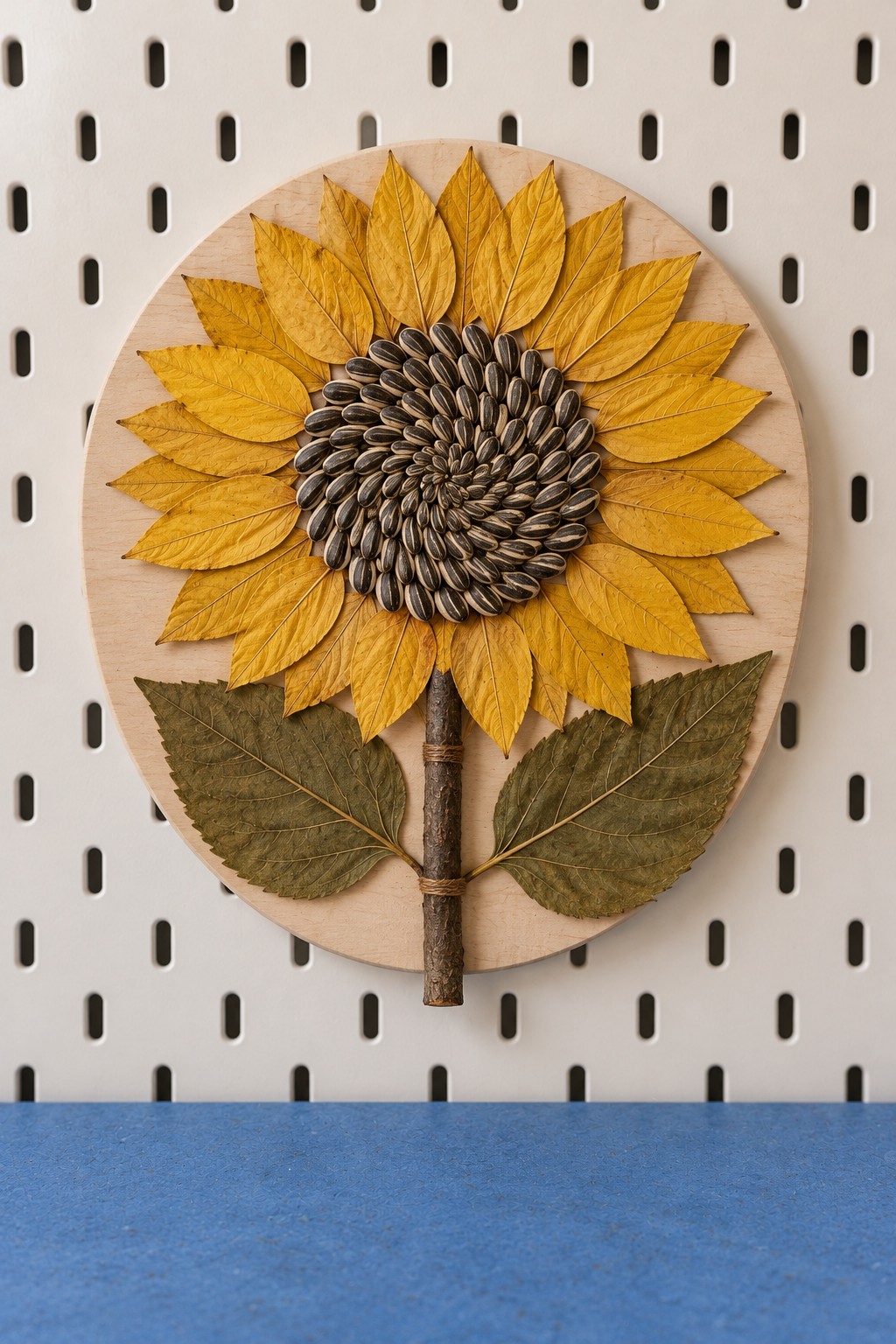 Sunflower wall plaque made with yellow leaf petals a dense seed center and green leaves