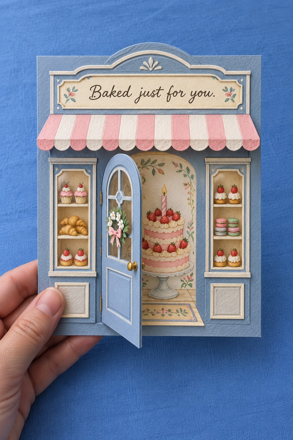 Blue bakery storefront birthday card with a pink striped awning and an opening door revealing a cake