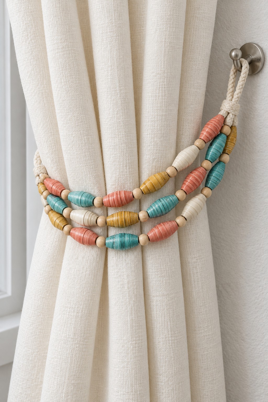 Three strands of cream, coral, mustard and turquoise paper beads around a pale curtain