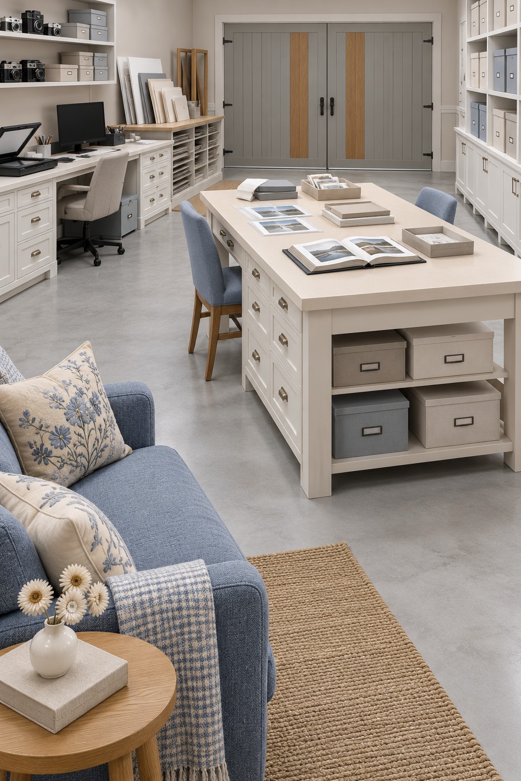 Cream garage design study with a computer desk, large project table, flat storage, sample books, and a blue sofa