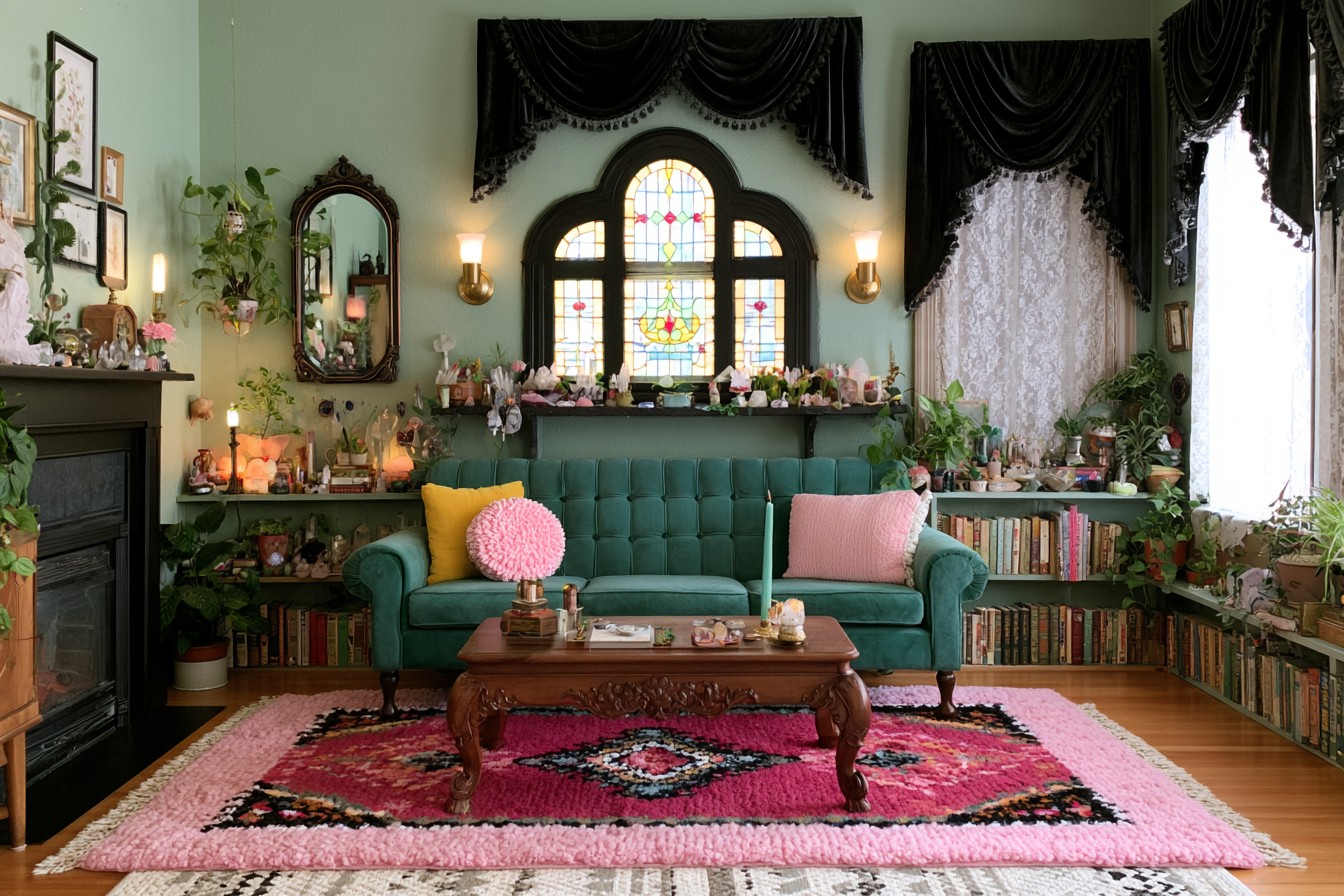 Teal tufted sofa beneath an arched stained glass window and long display ledge, with black swags and low book shelves