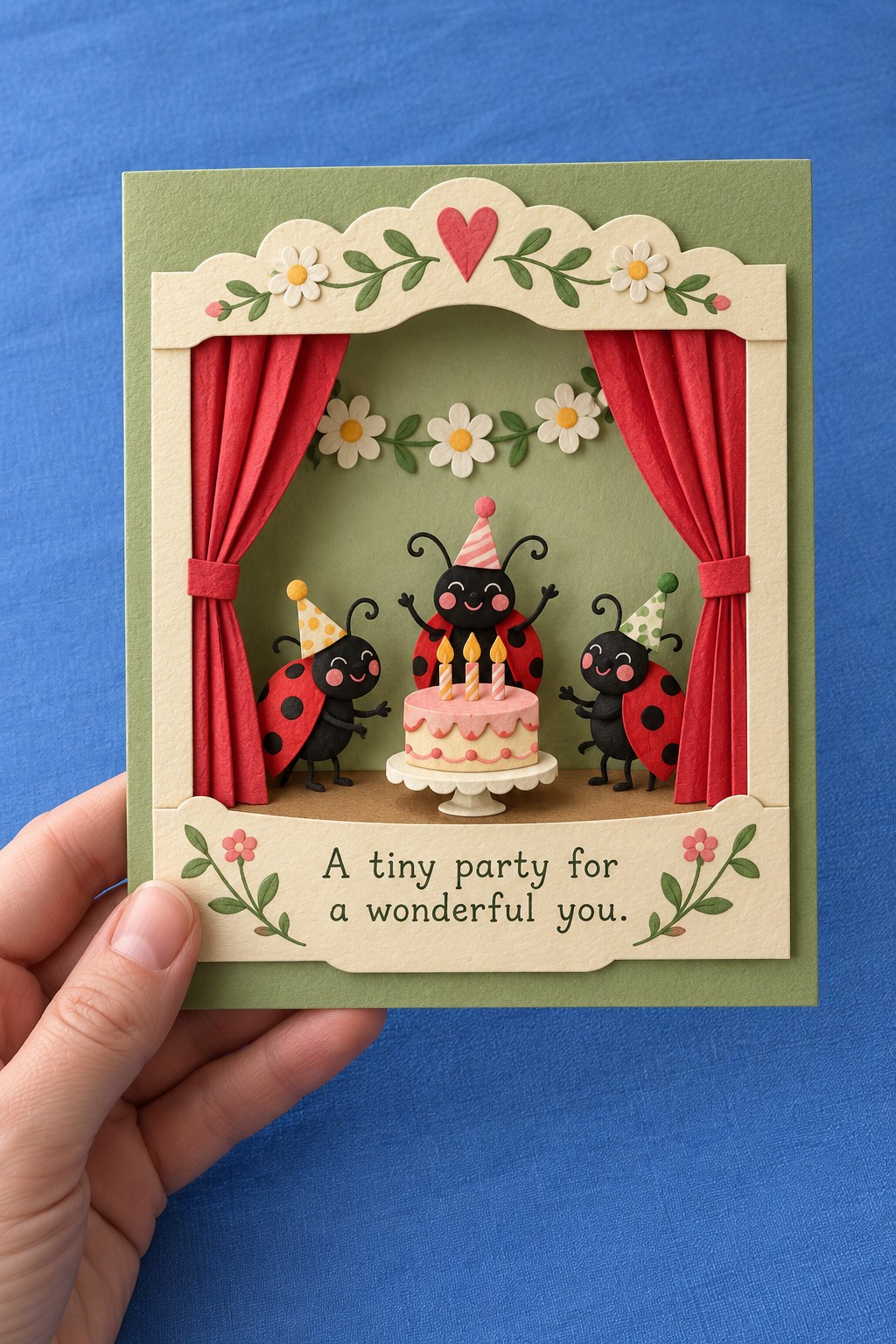 Green birthday card with red paper curtains, three ladybugs, a tiny cake, and floral theater trim