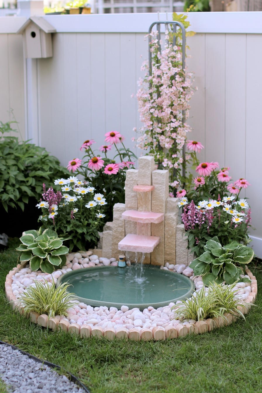Tall narrow cascade pouring into a round basin surrounded by pebbles and flowers