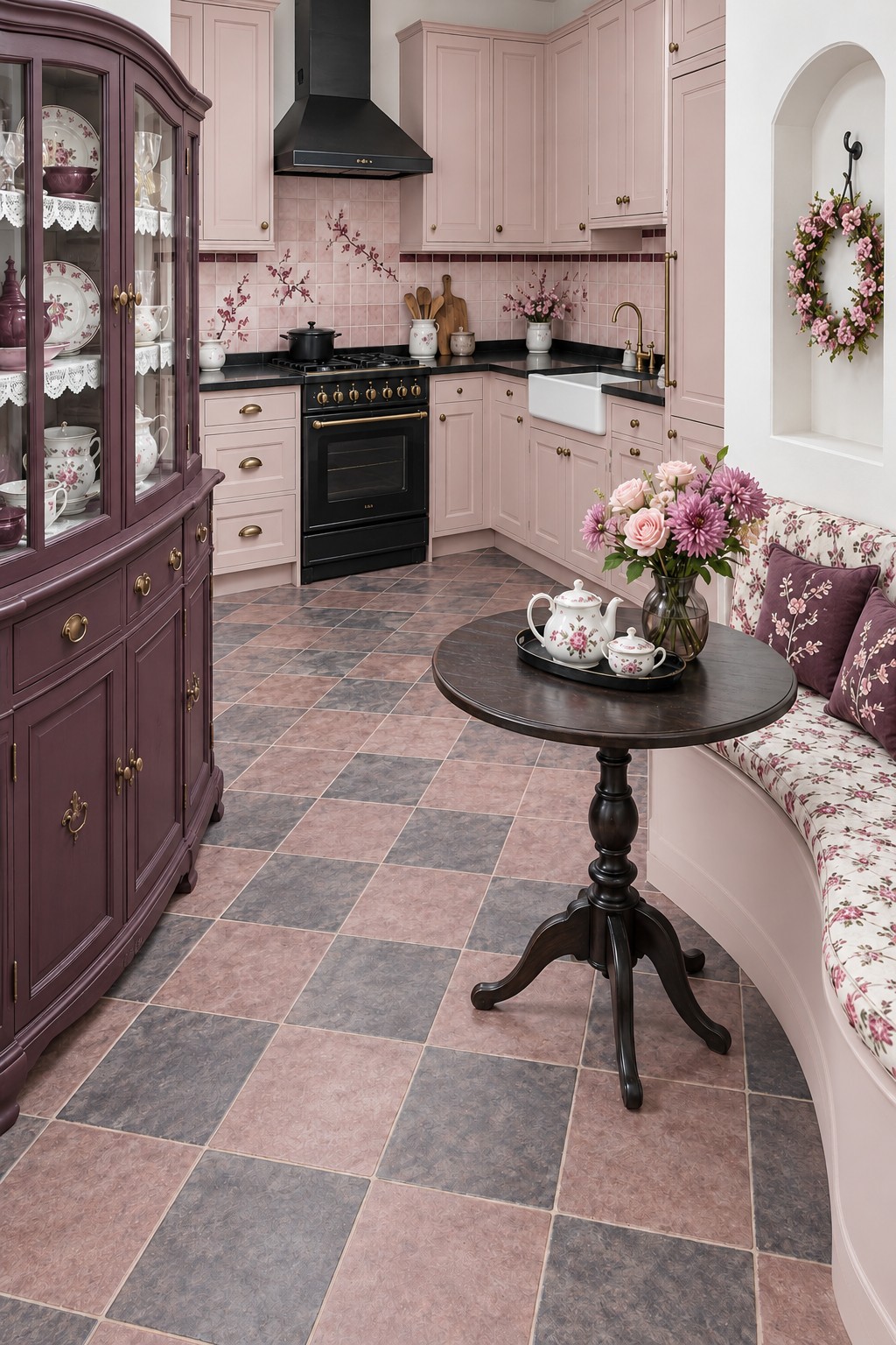 Dusty pink kitchen with a plum glass dresser, floral backsplash, curved floral breakfast bench, and a dark pedestal tea table