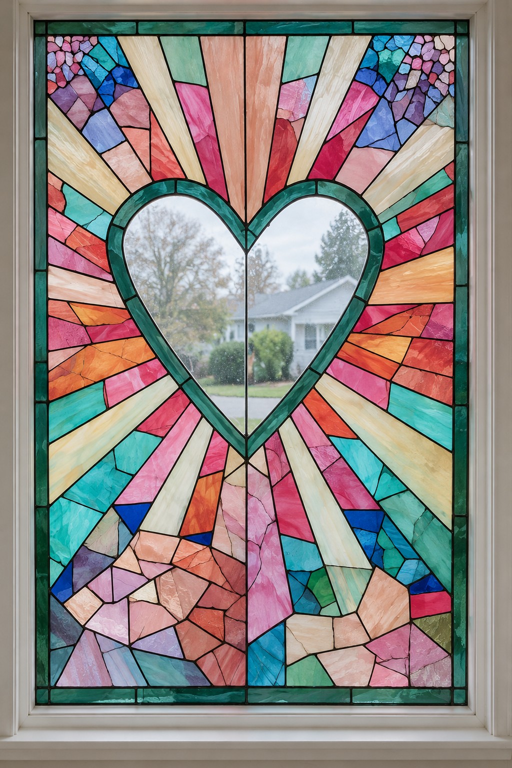 Clear heart shaped center outlined in green with pink, coral, turquoise, and cream rays around it