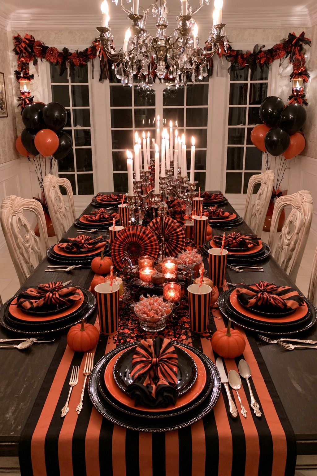 Orange-and-black striped runner with matching cups, fan decorations, pumpkin plates, and balloons