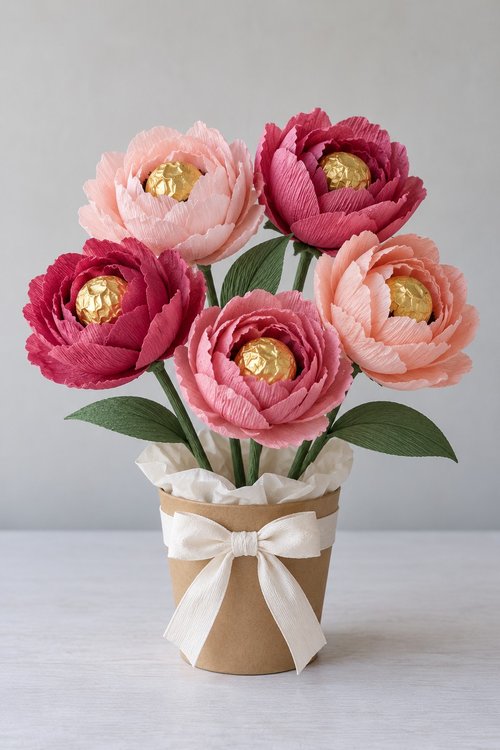 Five pink and raspberry crepe paper peonies with gold wrapped chocolate centers in a kraft pot