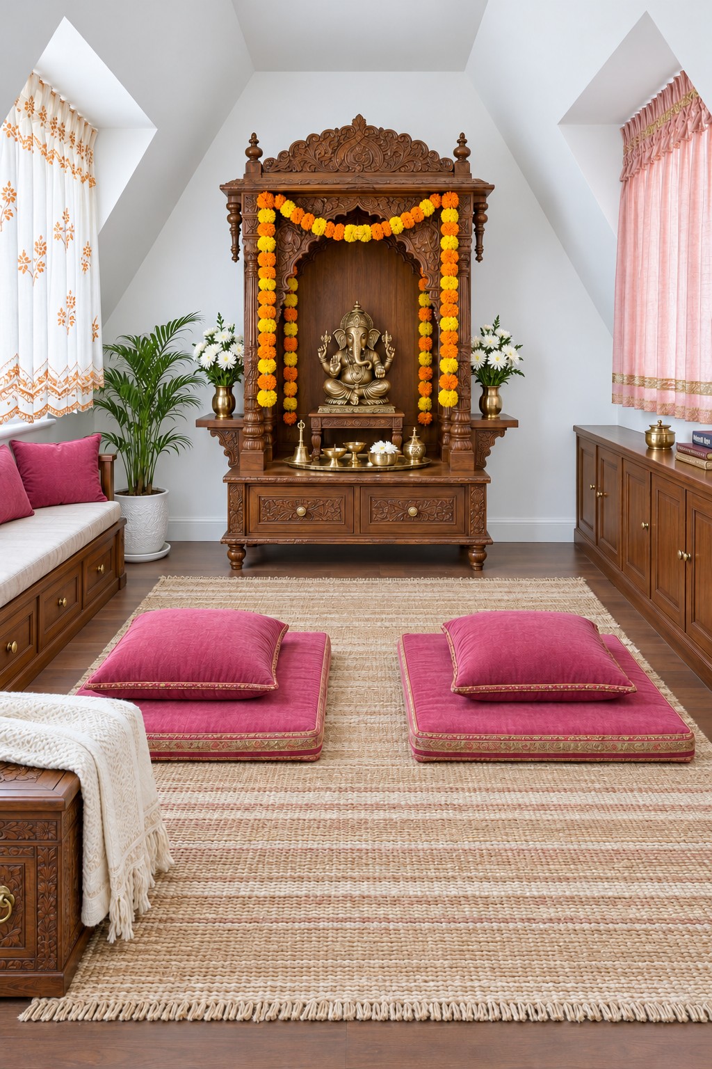 Carved Ganesha mandir decorated with orange and yellow garlands facing two bright pink floor cushion sets