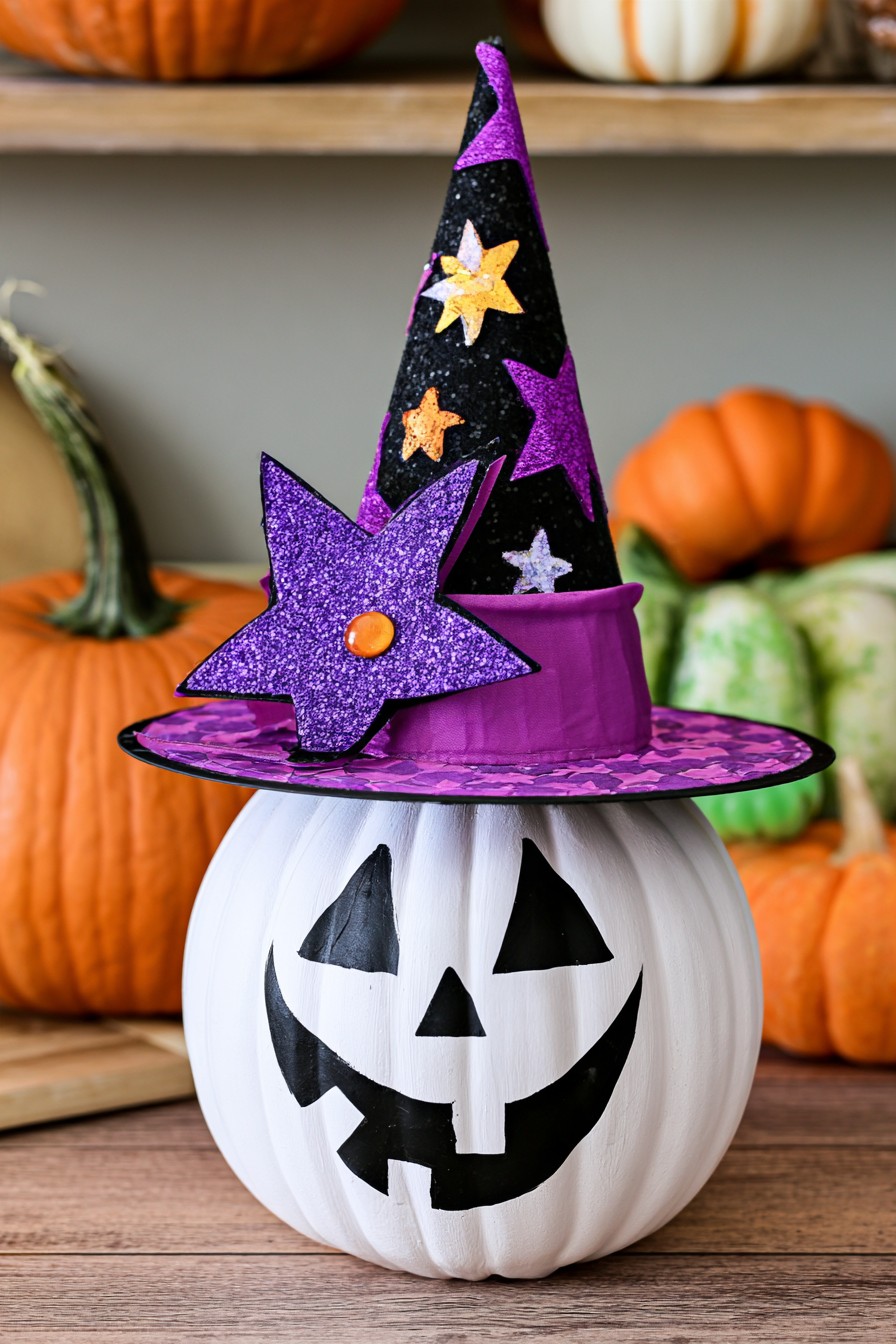 White jack-o’-lantern with a black witch hat, purple star, and gold accents