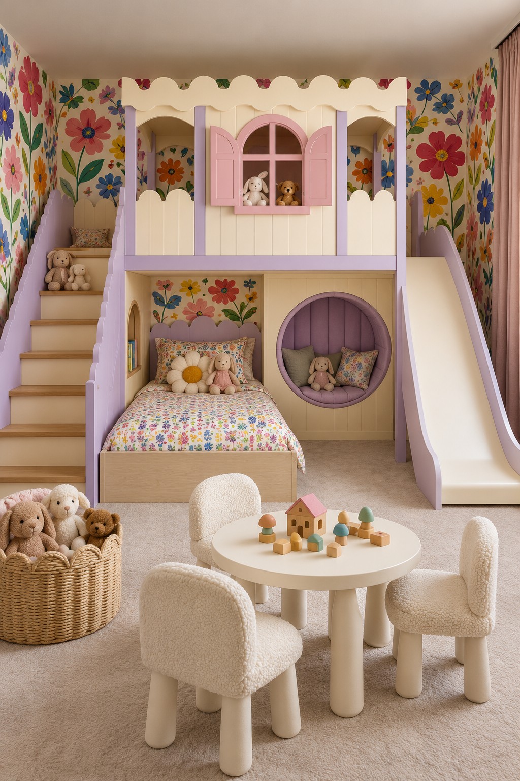 Cream and lavender playhouse bed with pink window, left staircase, right slide, round lower nook, and cream activity table