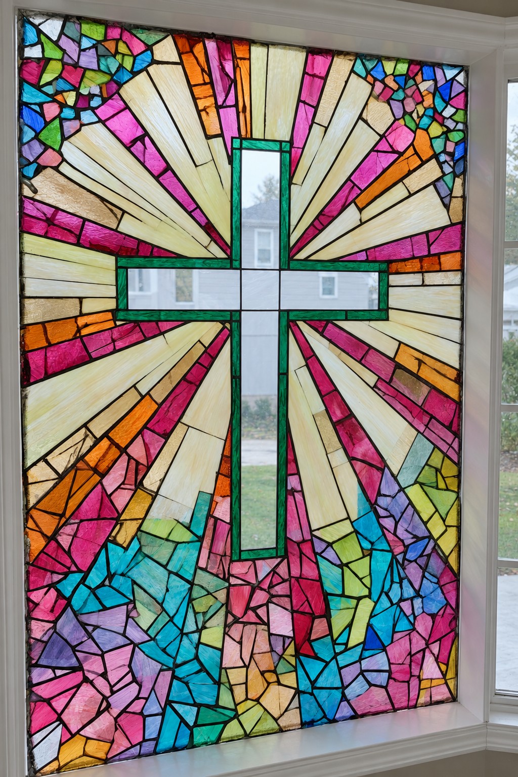 Clear central cross with a green outline, pale rays, and vivid pink, blue, and turquoise mosaic edges