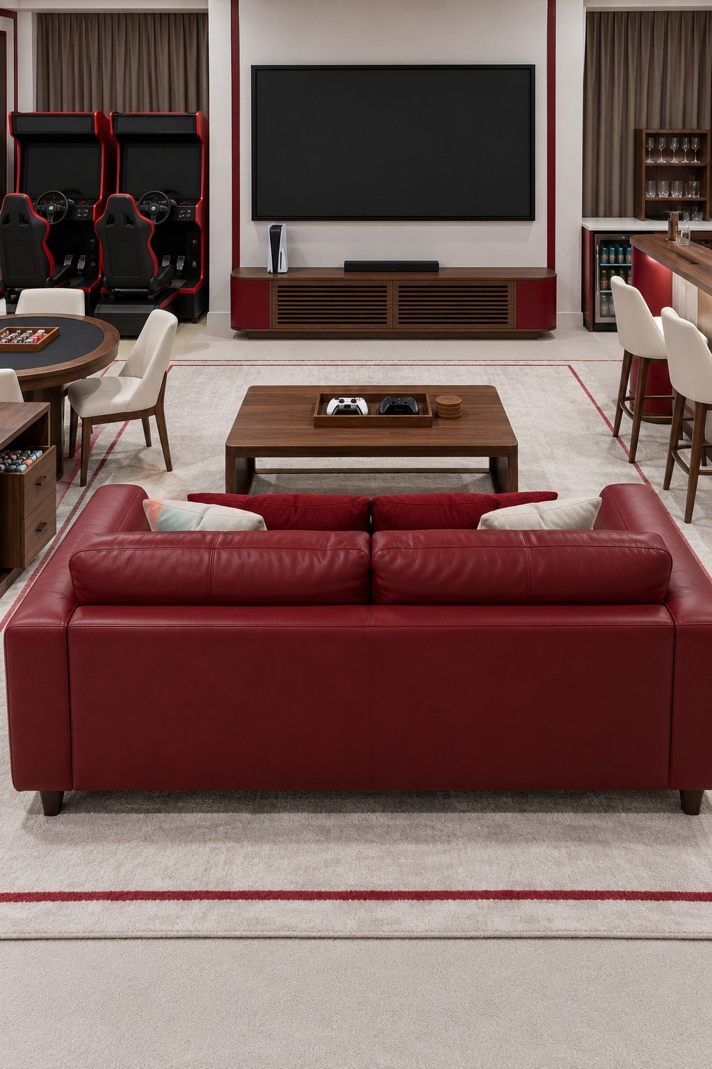 Red leather sofa facing a large television with twin racing arcade cabinets, a card table, and side bar