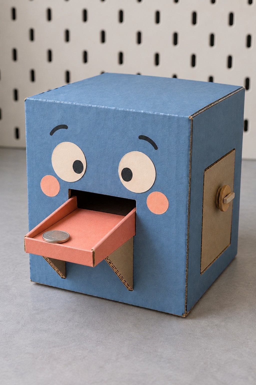 Blue cardboard monster coin bank with a pink mouth tray, paper eyes and a brown side access door