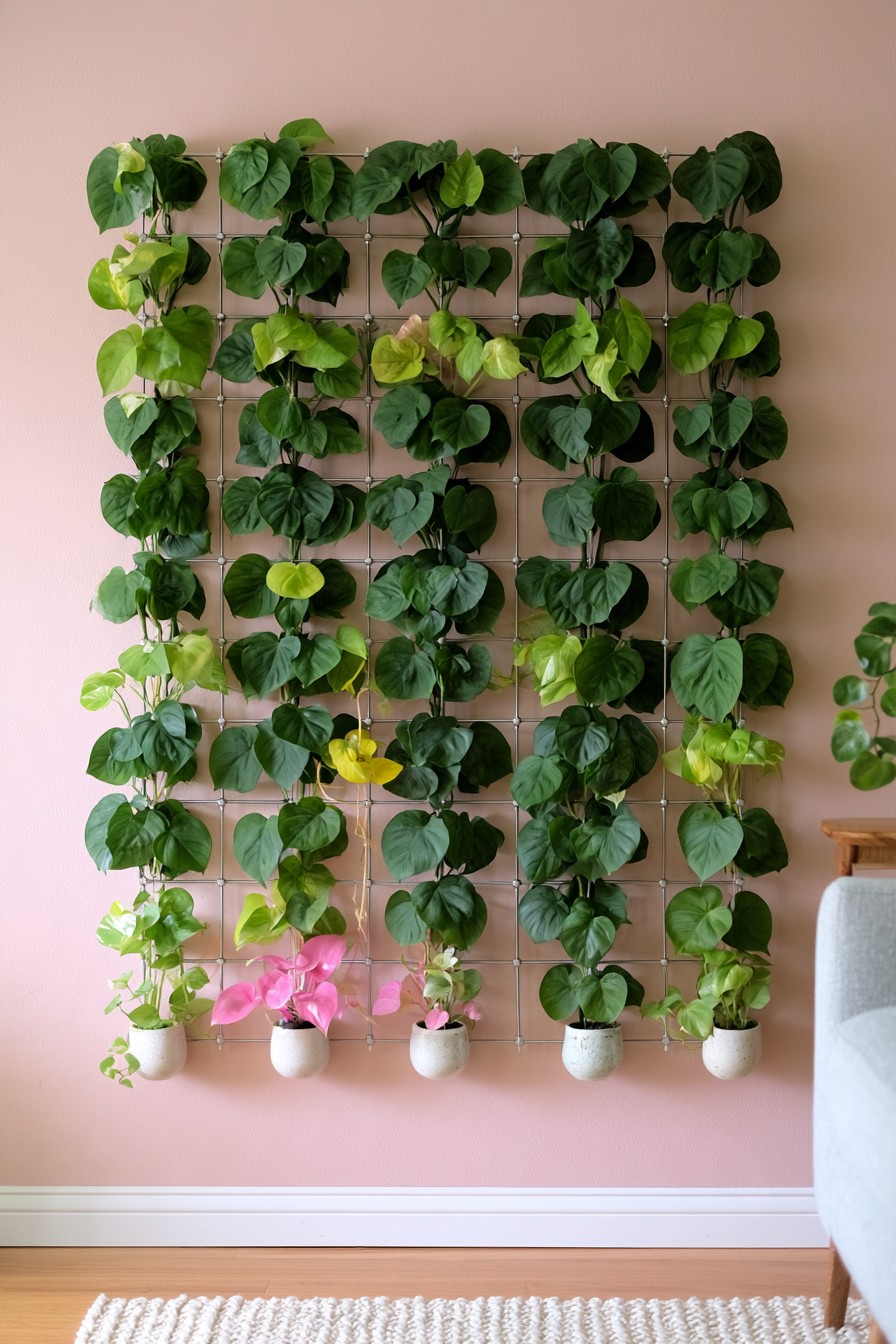 Thin wall cable grid carrying columns of heart shaped green leaves above small pale root pots