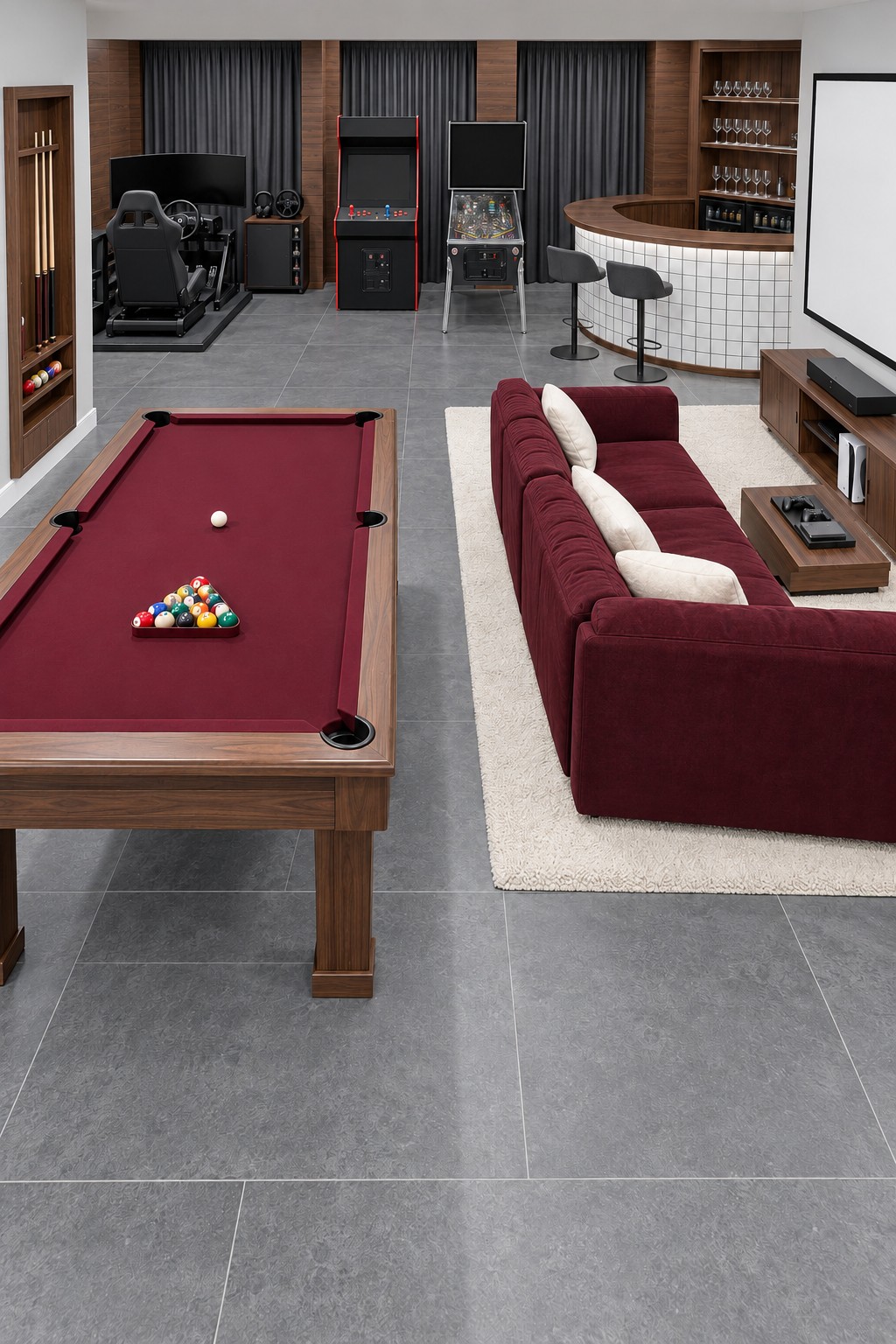 Burgundy pool table and matching sofa beside a projection screen, curved tiled bar, pinball, and arcade cabinet