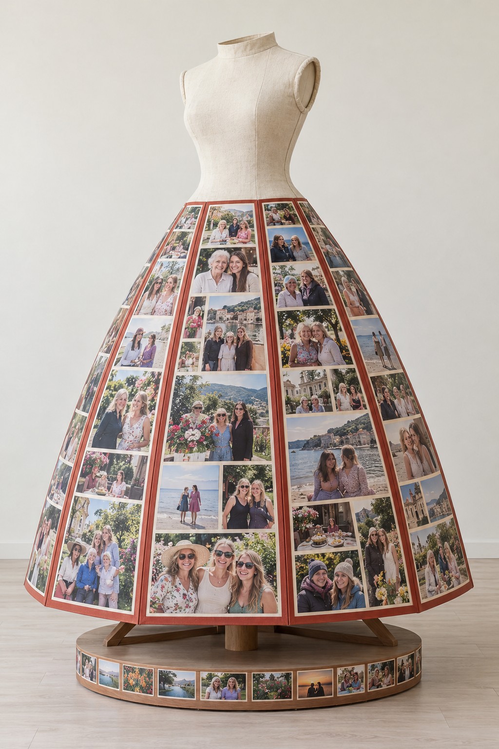 Linen covered dress form above a flared paneled photo skirt on a round wooden picture base