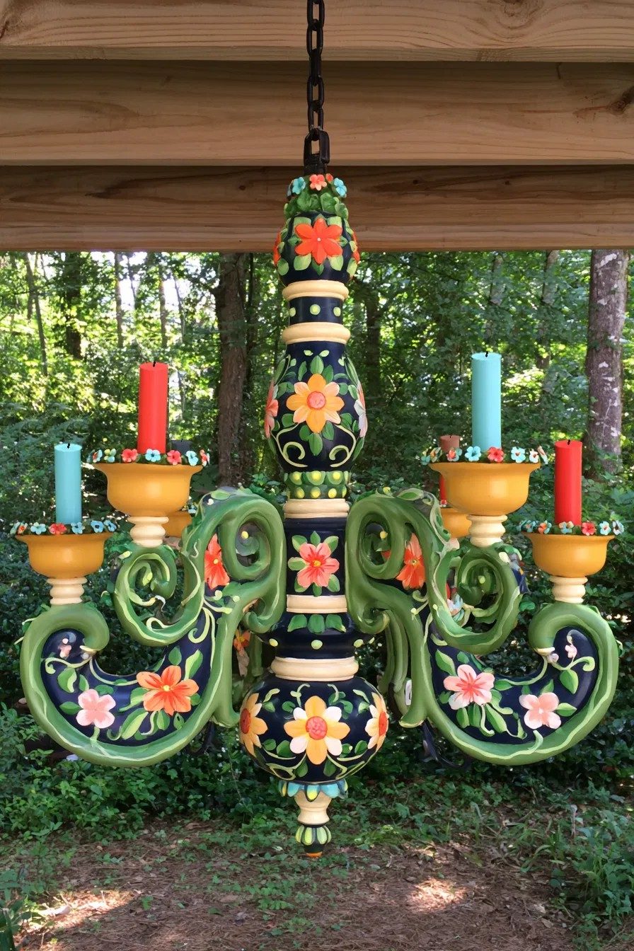 Navy and green chandelier painted with raised flowers and colorful taper candles hanging under a pergola