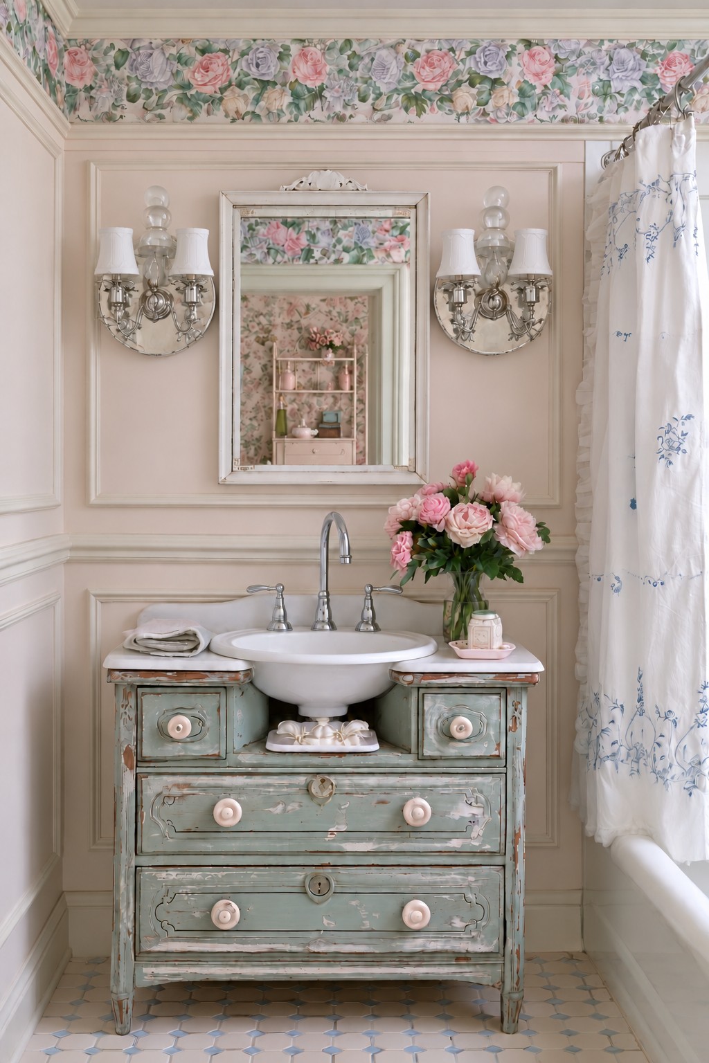 Faded blue dresser style vanity with a floral upper wall border and pale pink molded paneling