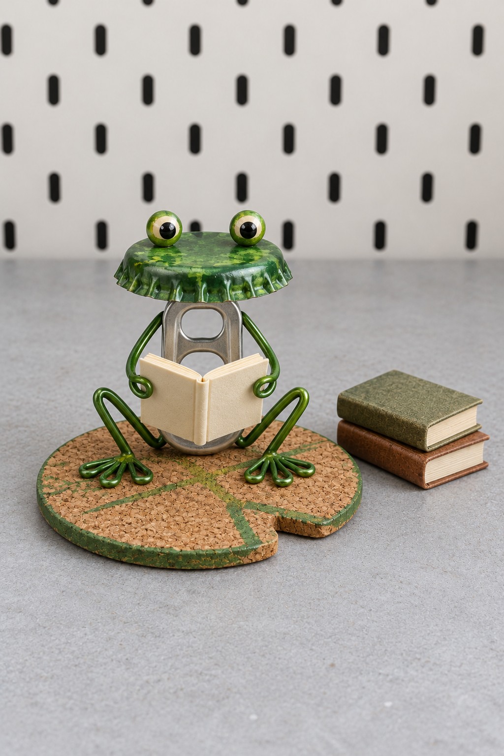 Small green wire frog reading a miniature cream book with a green bottle cap head and cork lily pad base