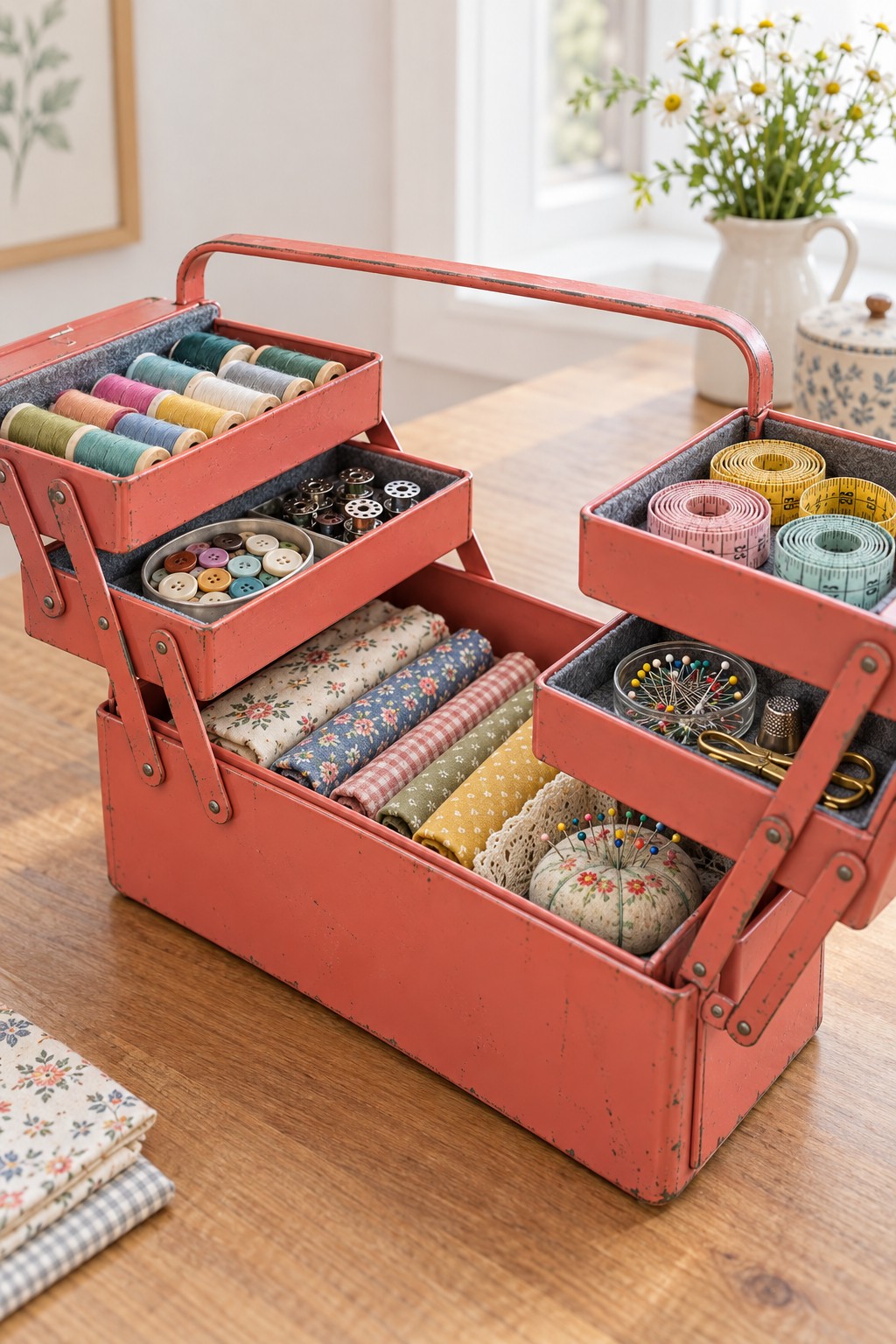 Coral painted cantilever metal toolbox opened into stepped trays holding thread buttons fabric tape measures and pins