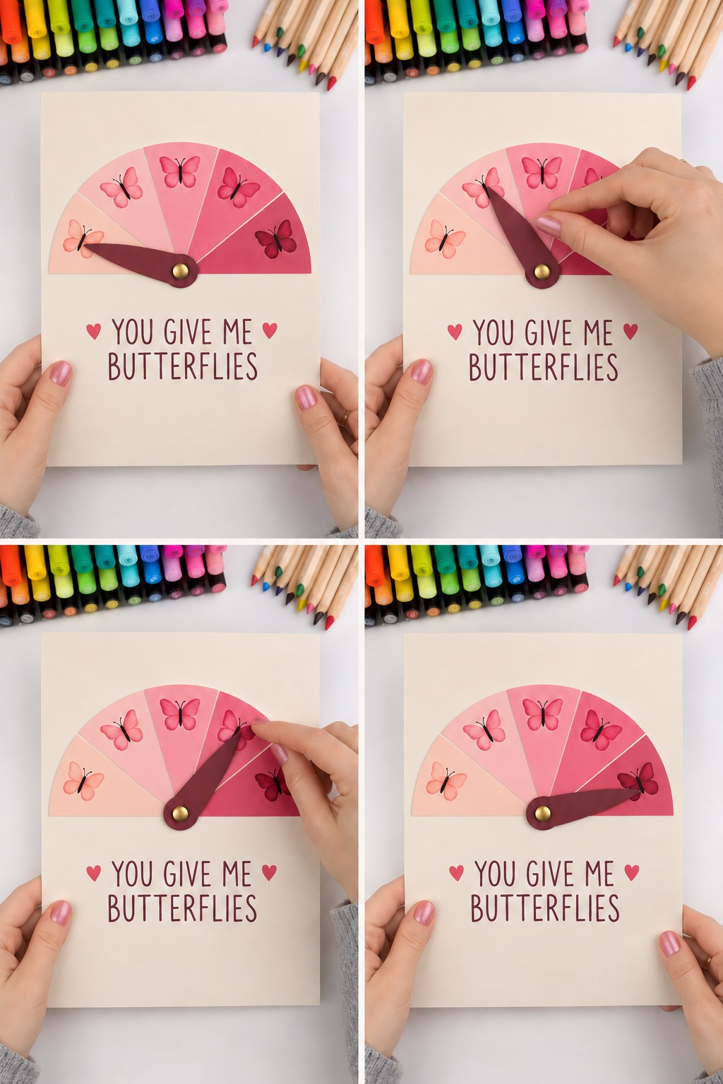 Four views of a pink butterfly semicircle dial with a burgundy pointer rotating around a brass paper fastener
