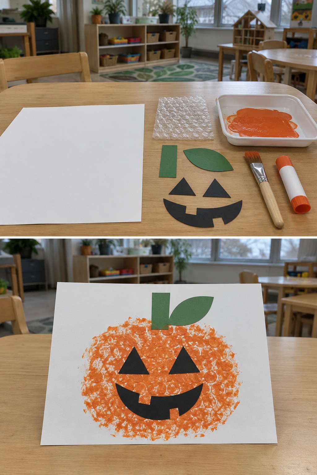 Bubble wrap and orange paint above a textured pumpkin print with black paper features