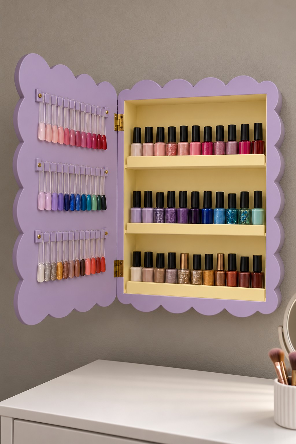 Lavender scalloped wall cabinet with yellow shelves and hanging nail color swatches inside its open door
