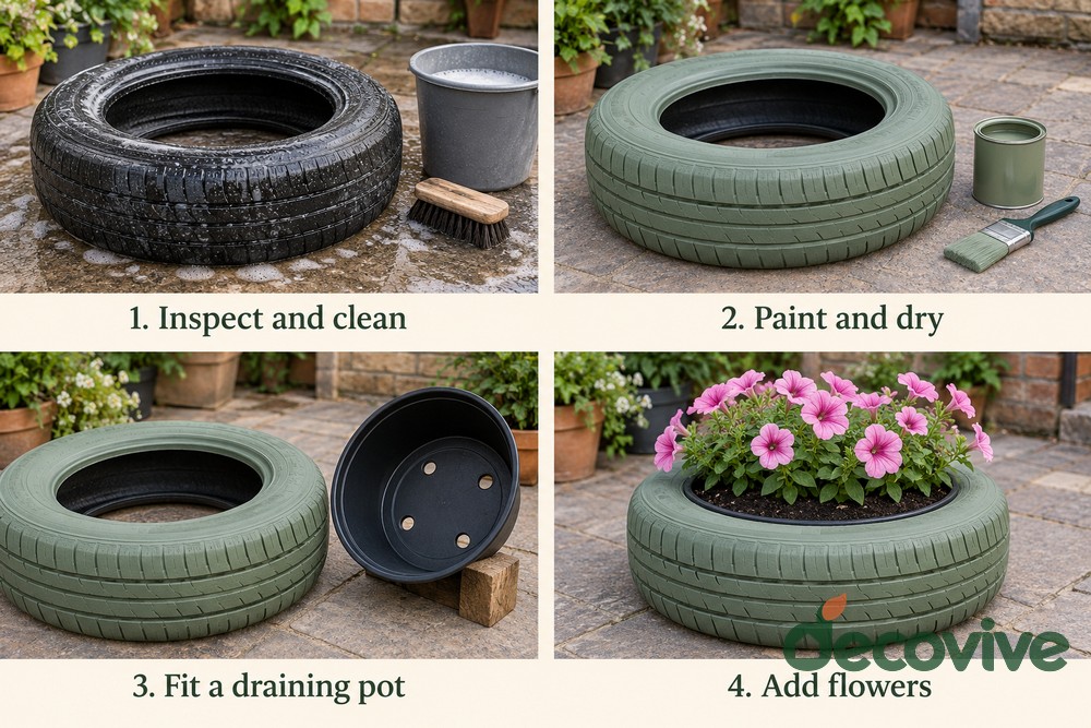 Four illustrated steps showing a black tire being cleaned, painted sage green, paired with a separate pot with drainage holes, and finished with pink petunias