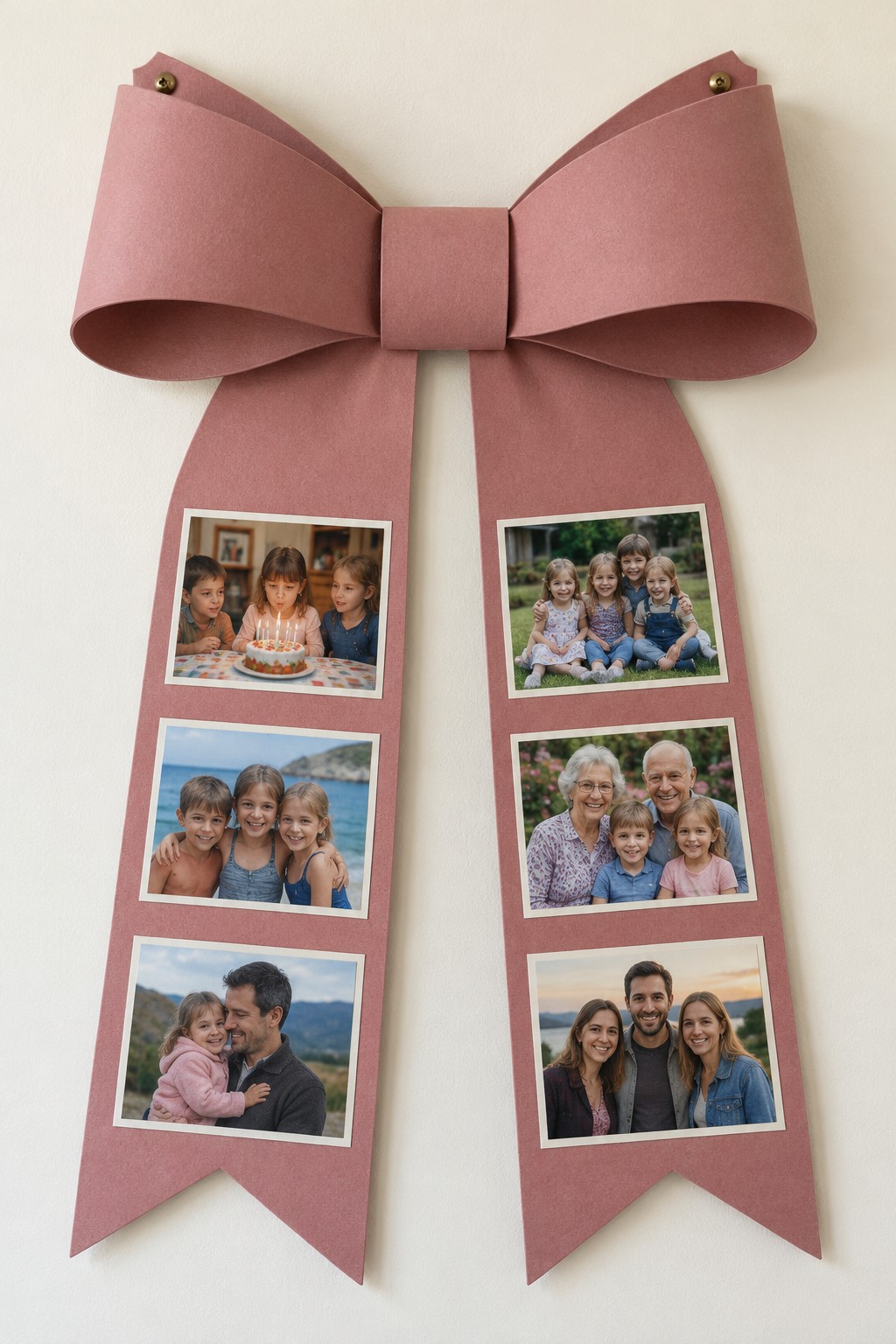 Large dusty rose wall bow with three family photographs mounted on each of its two long tails