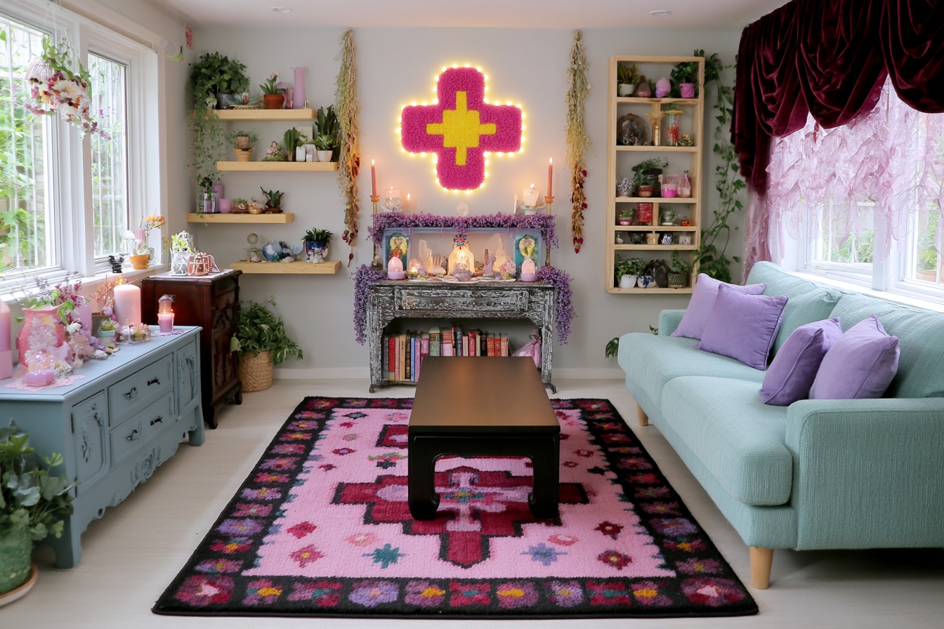 Pale blue green sofa in a light room with plum drapes, lavender cushions, open wood shelves, and a pink patterned rug