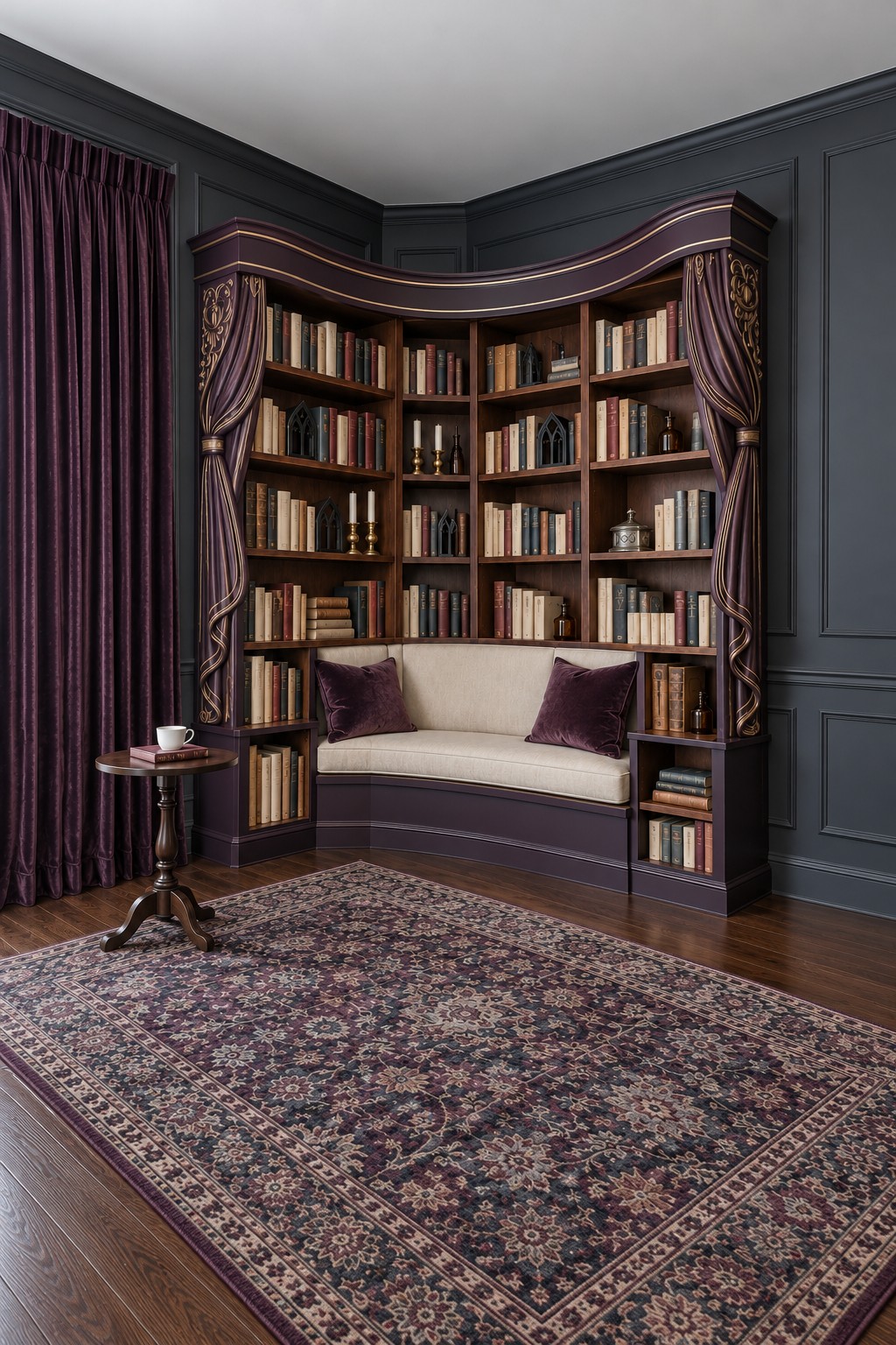 Dark paneled reading room with ornate plum bookcase framing, a cream bench, purple cushions and a patterned rug