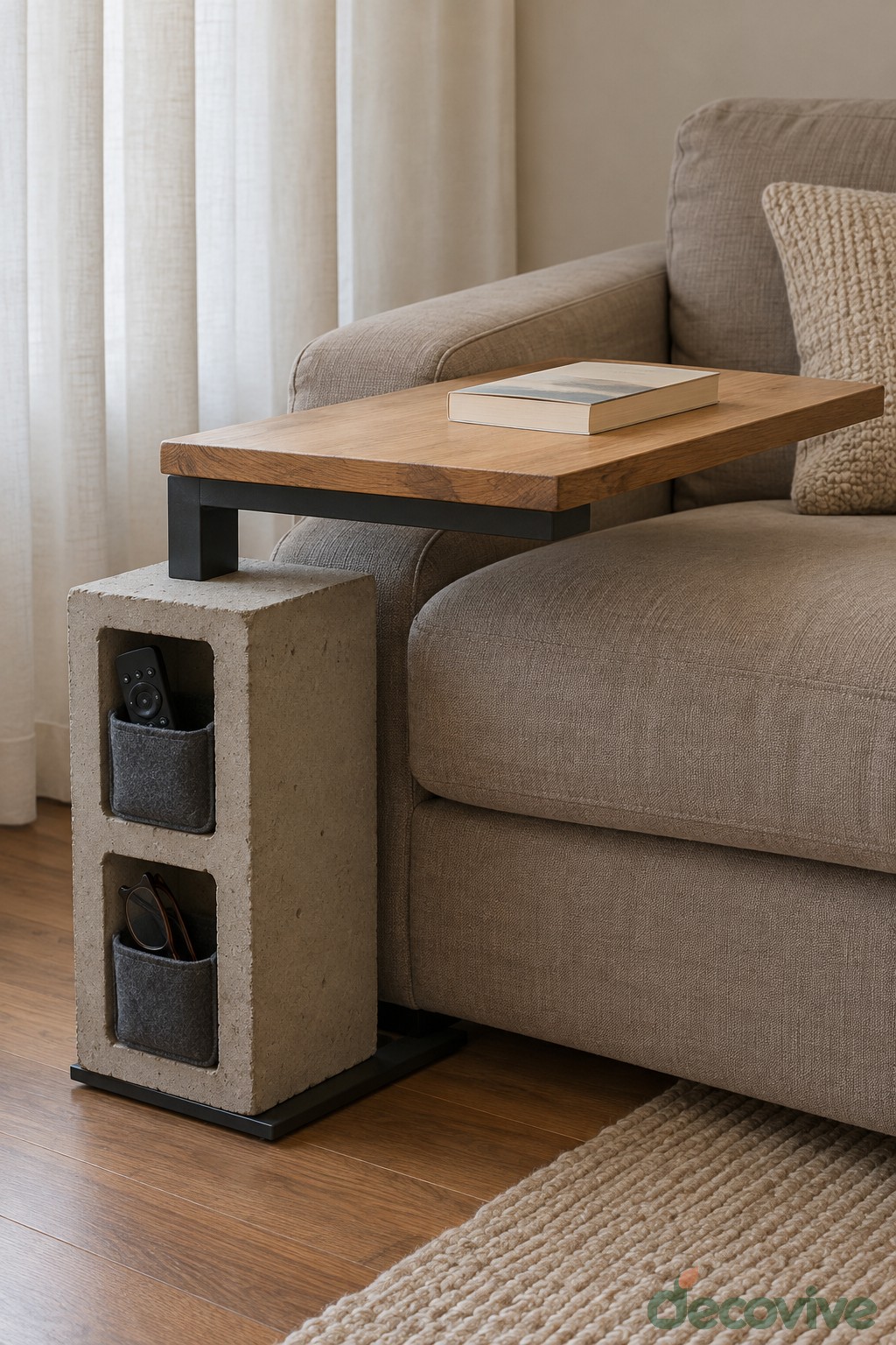Narrow wooden sofa side table above a concrete block storage column