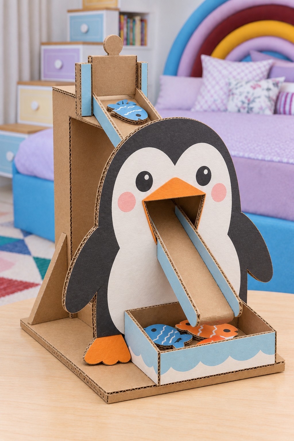 Cardboard penguin with a continuous fish slide through its open beak and a blue catch tray