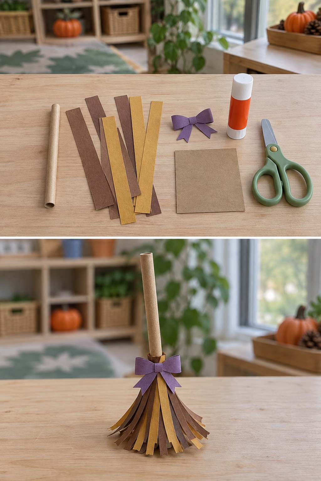 Rolled card handle and paper strips above a small brown and tan broom with a purple bow