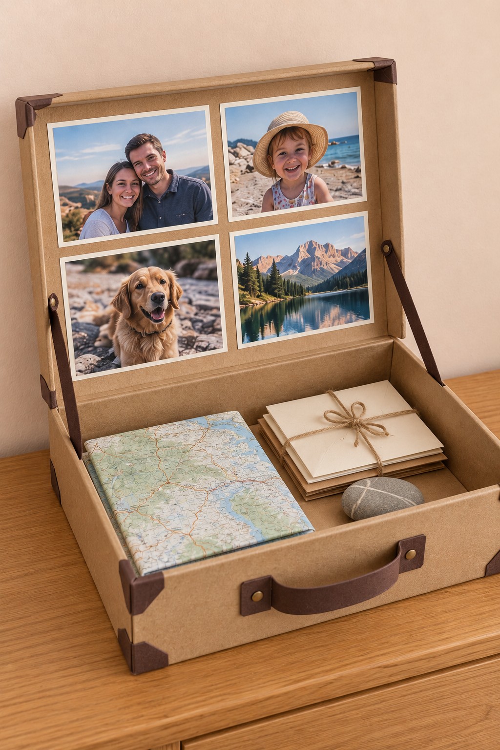 Open kraft suitcase keepsake box with four photographs inside the lid and travel mementos below