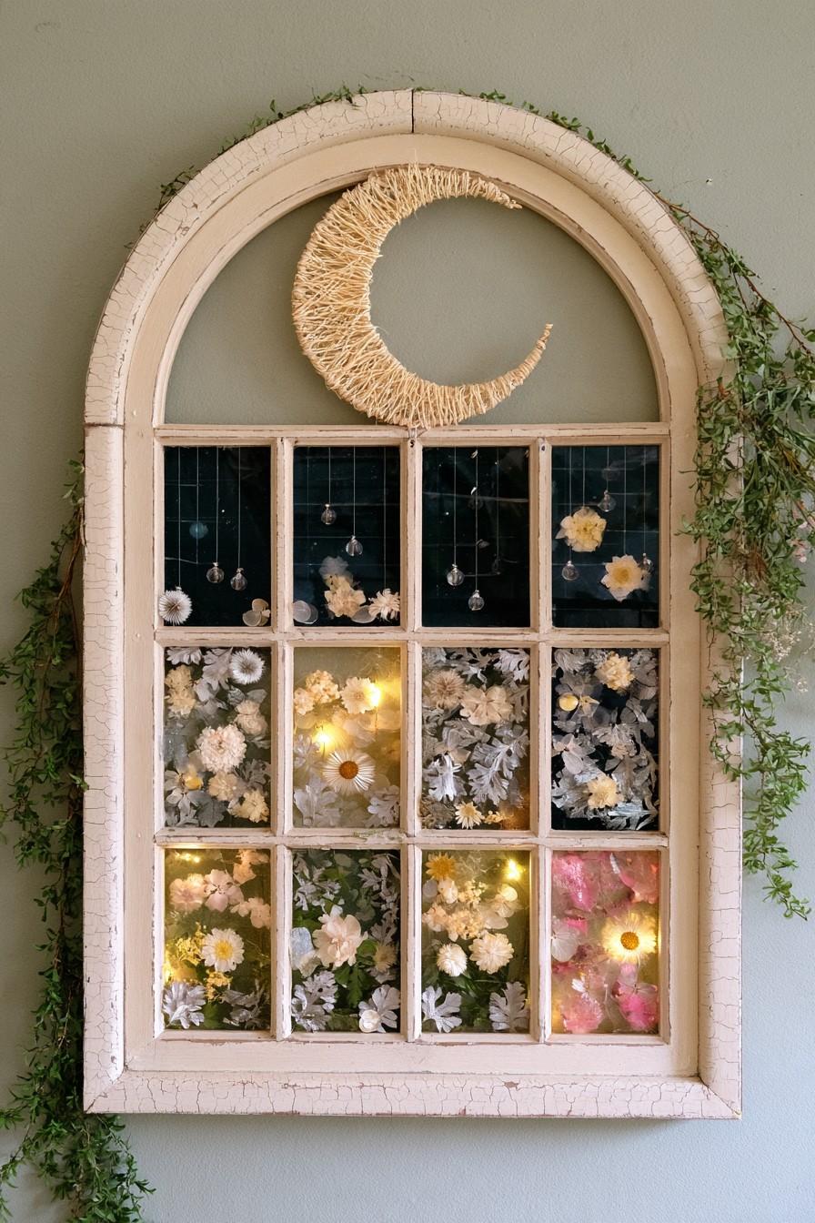 Arched old window with a crescent moon and dried botanical display