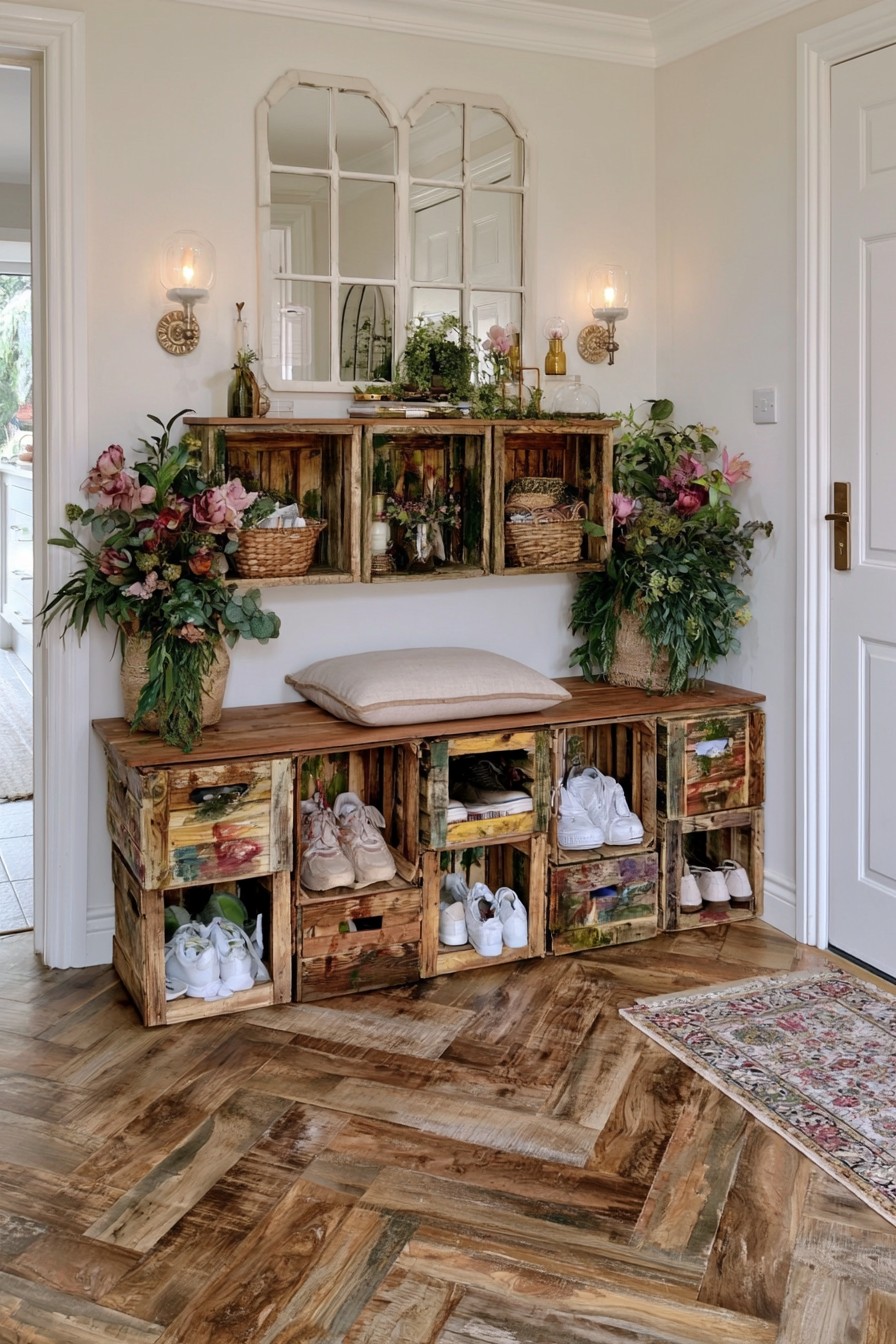 Entryway shoe station with wooden crate cubbies and bench seating