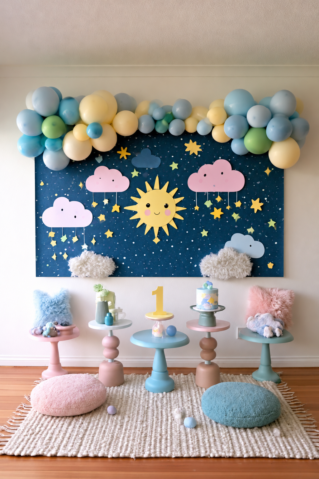 Pastel sky first birthday celebration corner