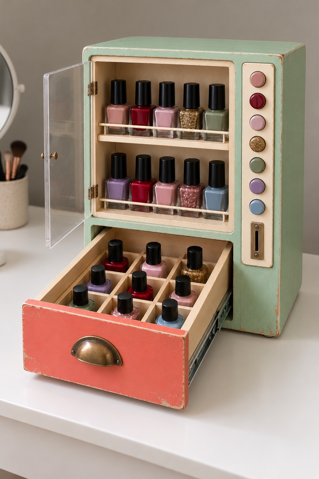 Mint and coral miniature vending machine style cabinet with clear door, bottle shelves, and an open divided drawer