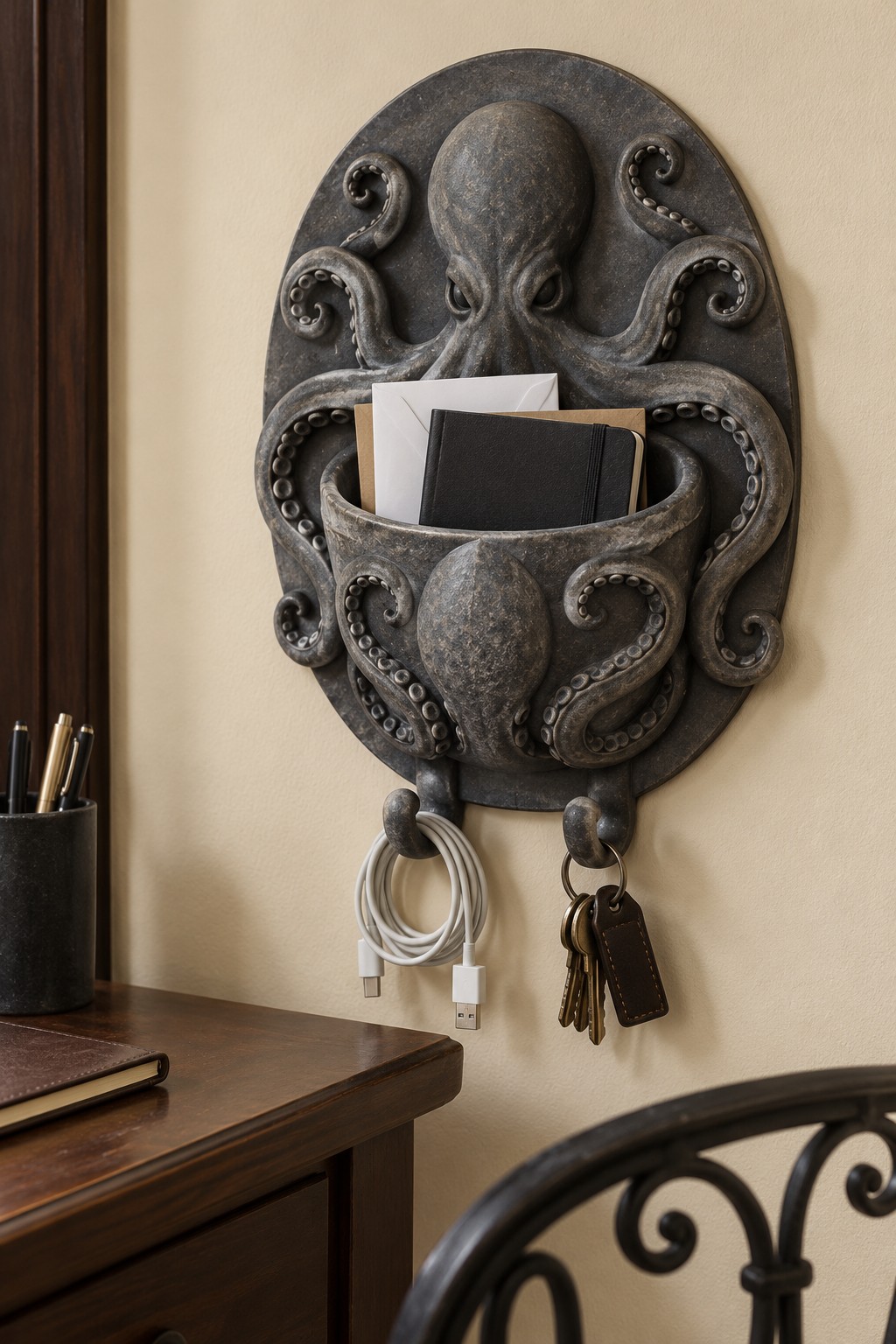 Gray kraken wall organizer holding envelopes and a notebook, with two lower hooks for keys and a cable