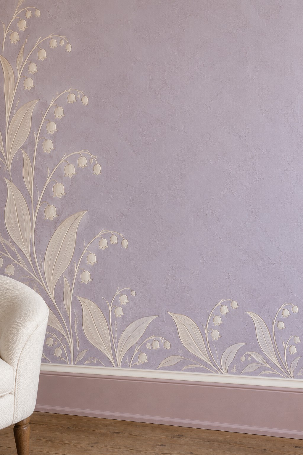 Delicate cream lily of the valley style flowers outlining the lower corner of a lavender wall