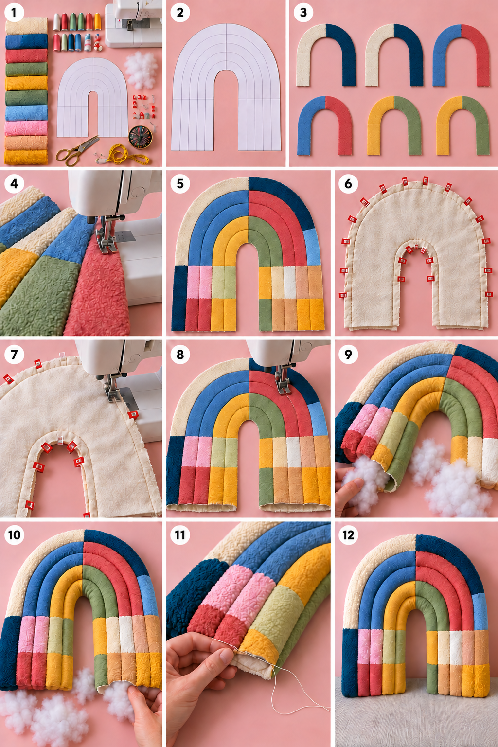 Twelve panel sequence showing rainbow fabric bands joined into a new shaped pillow, filled, and closed by hand