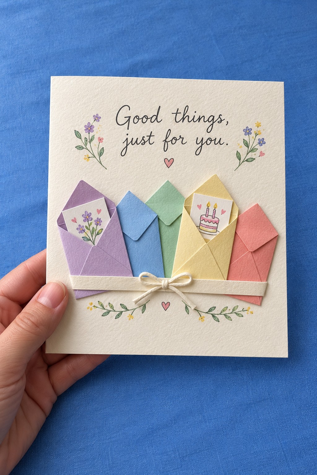 Cream card with five pastel envelopes, two small illustrated notes, and a narrow cream ribbon