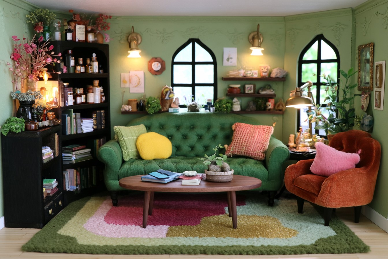 Green tufted sofa and rust armchair against pale green walls, with black bookcases and two pointed windows