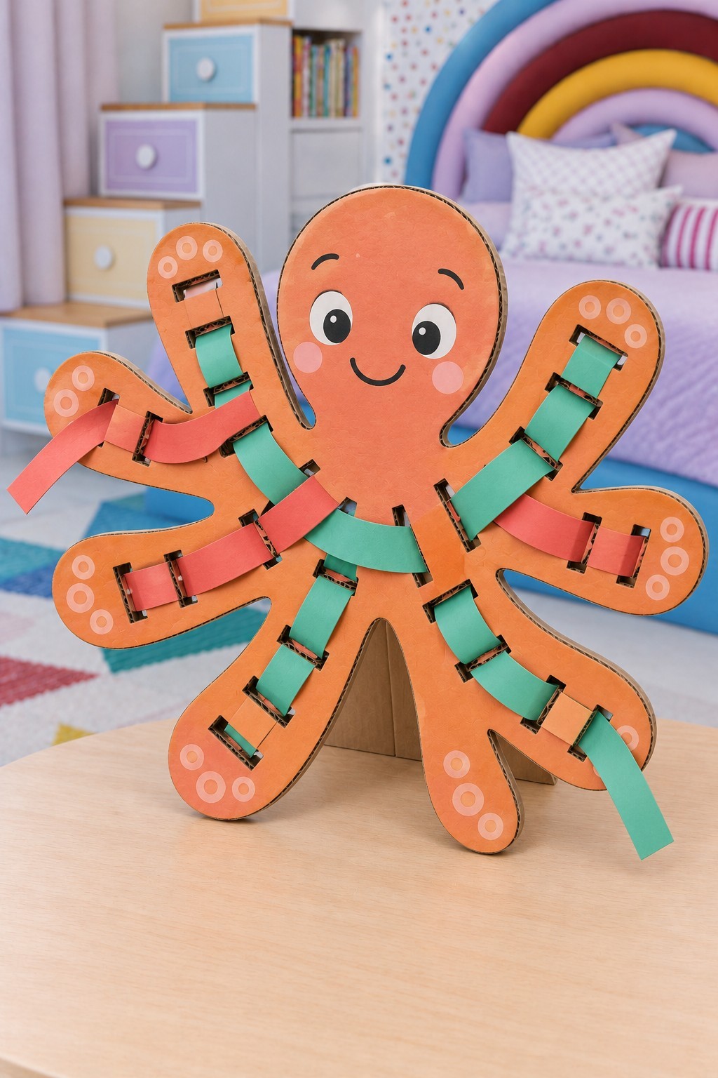 Orange cardboard octopus with eight arms and broad red and green card strips threaded through slots